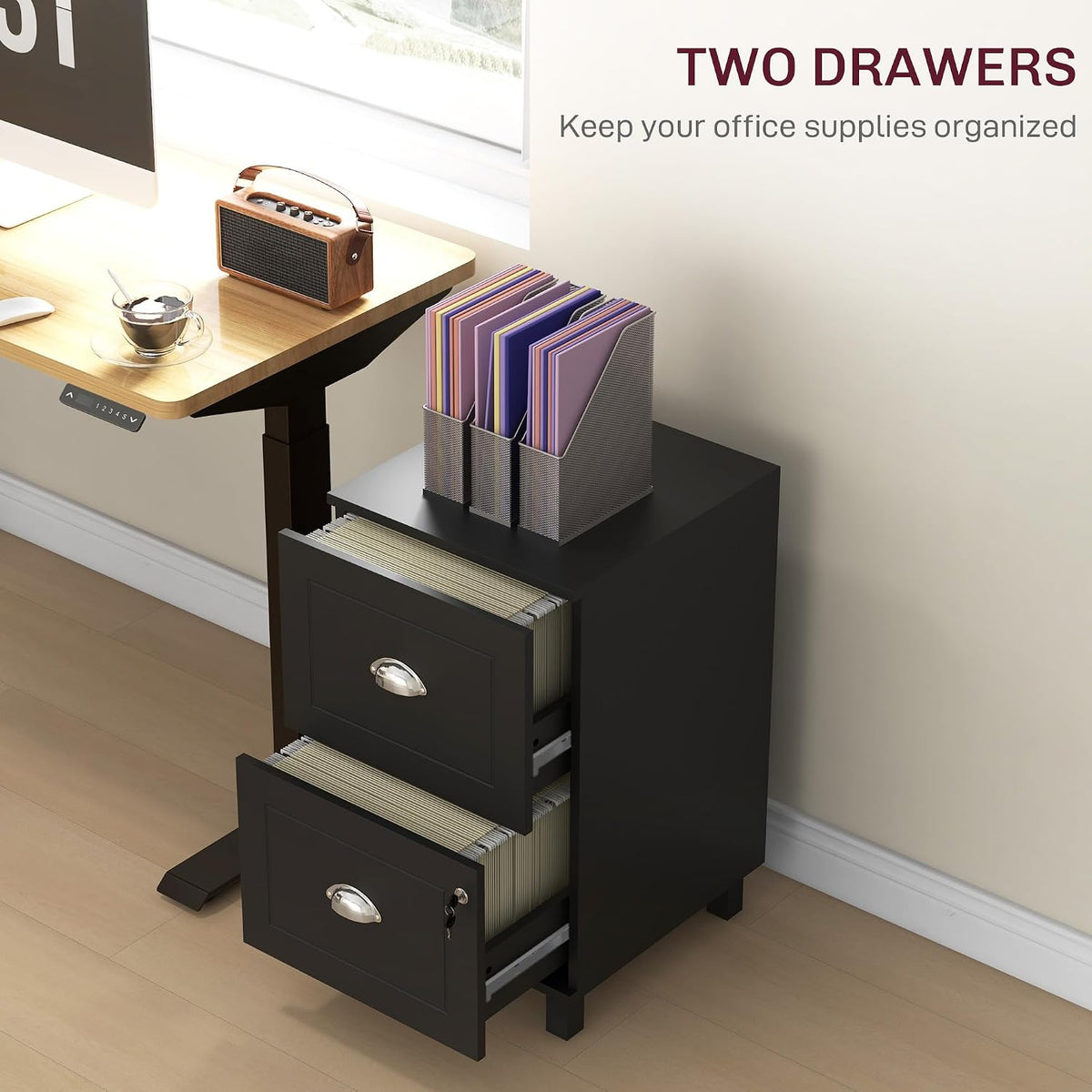 HOMCOM Vertical Filing Cabinet with 2 Drawers Lockable File Cabinet Black | Adjustable Hanging Bars, for A4 and Letter, for Home Office