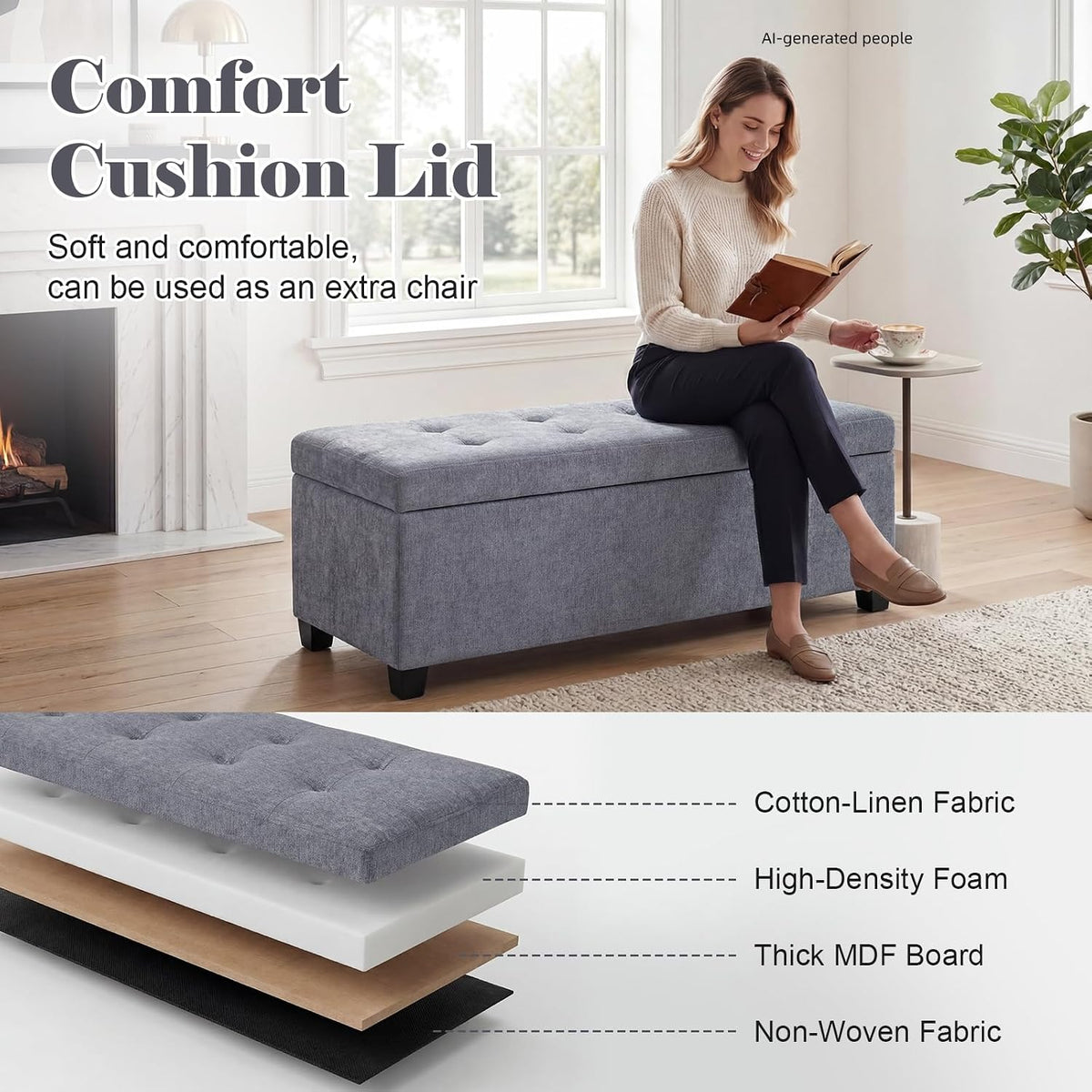 Asense Storage Ottoman Bench,42 inch Upholstered End of Bed Bench,Safety Hinge Storage Bench for Living Room,Bedroom,Entryway (42" Cotton-Linen Grey)