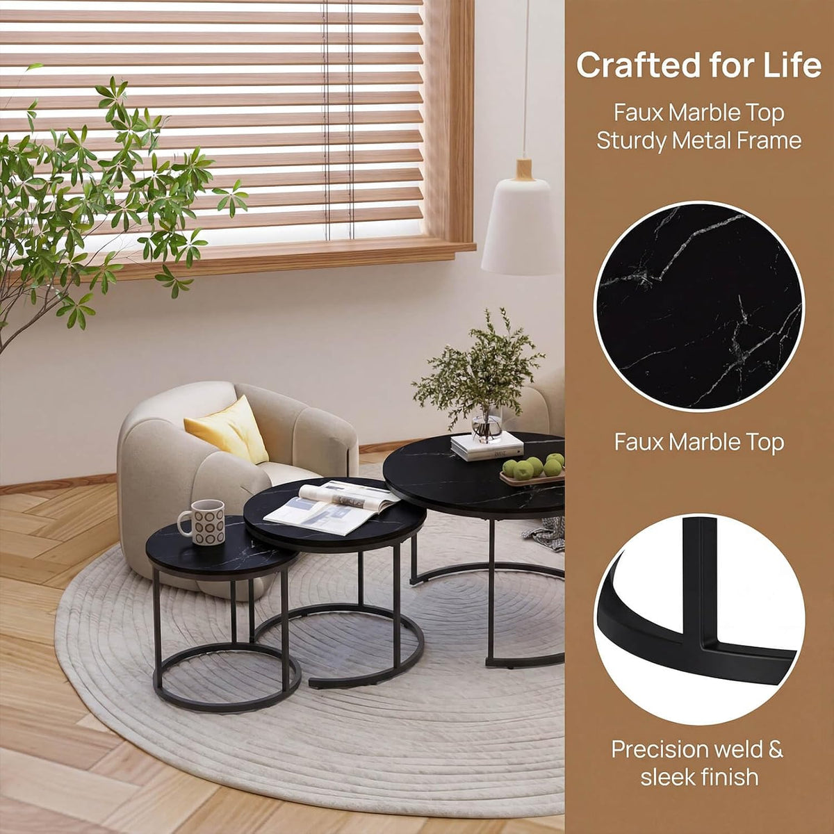 Nesting Coffee Table Set of 2, Round Nesting Tables with Marble-Look Top and Metal Frame, Modern Coffee Table Set for Small Spaces, Stackable Side End Tables for Living Room Bedroom etc. (B)