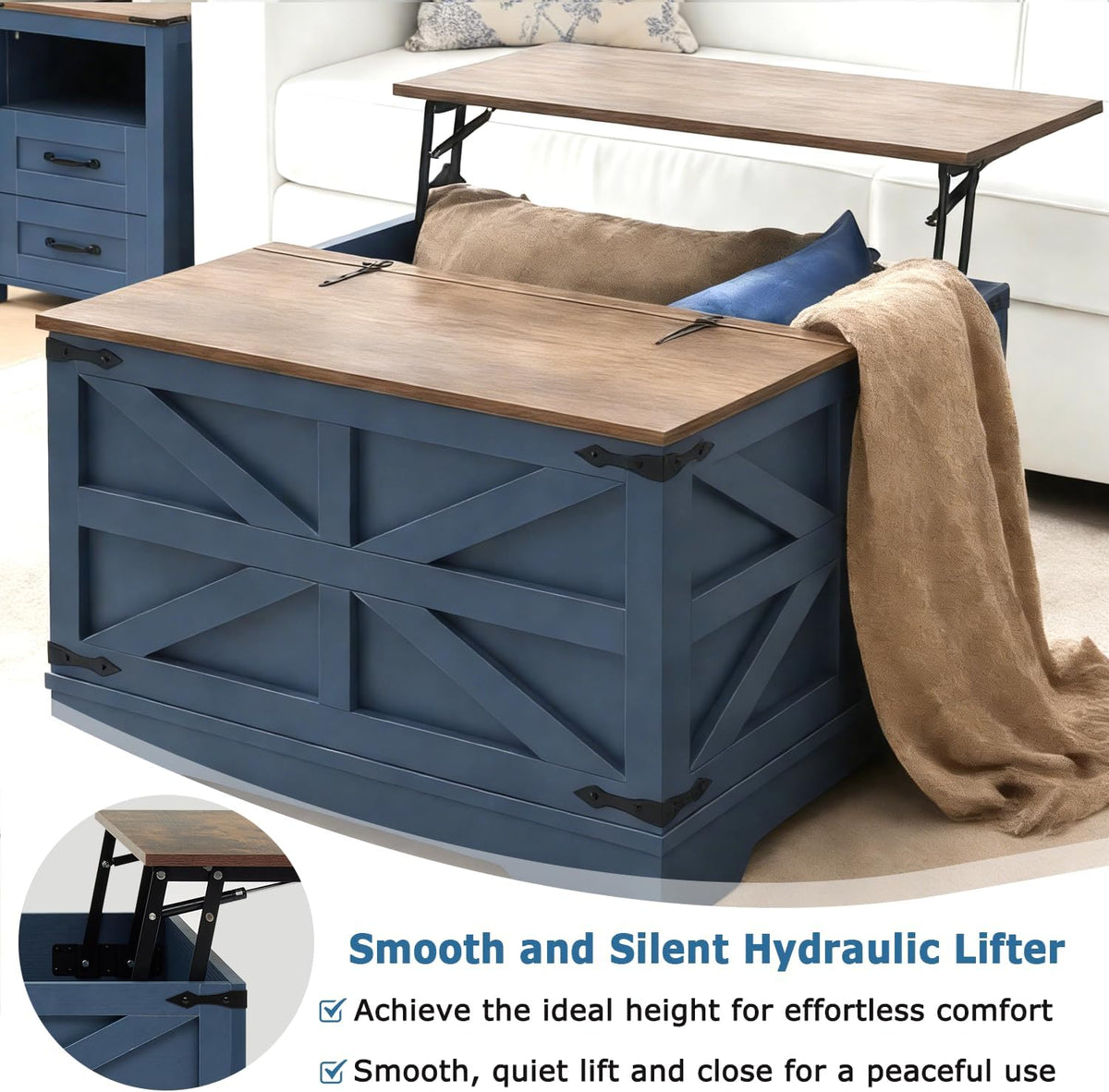 Farmhouse Coffee Table Set of 3, 1 Lift Top Coffee Table with Sliding Barn Doors and 2 End Tables with Charging Station, Living Room Table Set for Home Office, Blue