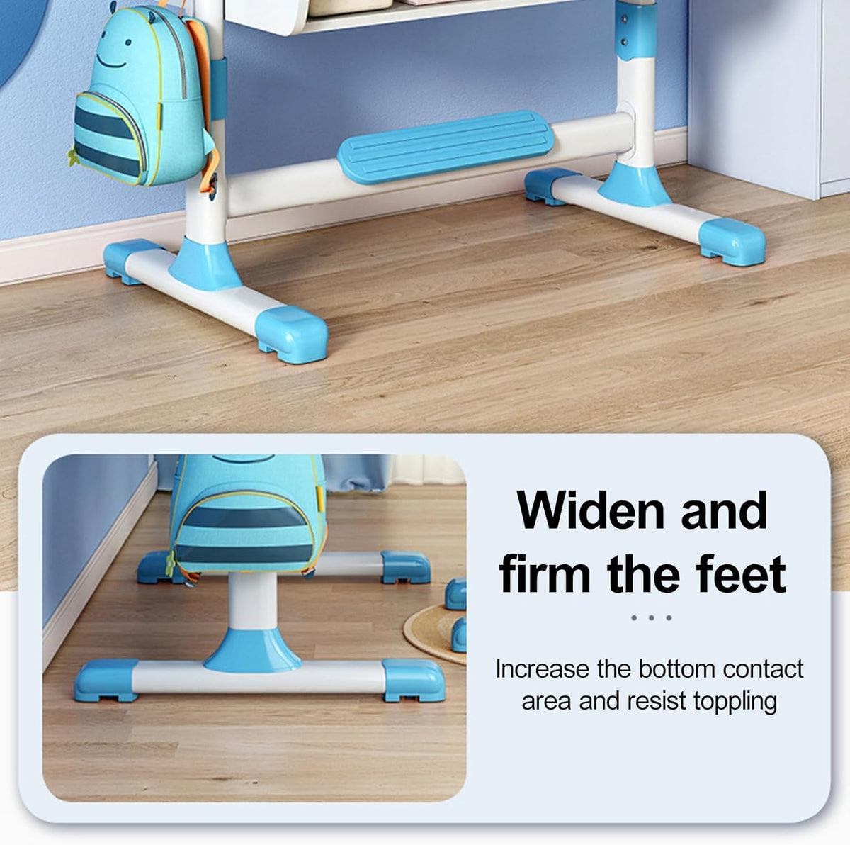 Kids Functional Desk and Chair Set, Ergonomic Height Adjustable Children School Study Desk with Storage, Book Stand, Metal Hook and Drawer for Boys Girls (Blue)