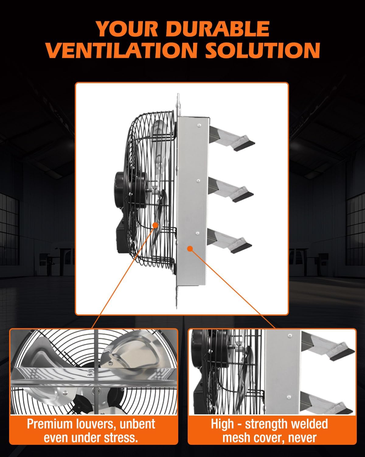 JVO 12 Inch Shutter Exhaust Fan 1450 CFM High-Powered Ventilation, Ideal for Attics, Greenhouses, Garages and Chicken Coops - Wall Mount for Easy Installation (No Power Cord Included)