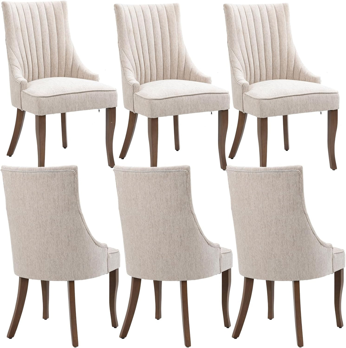 mikibama Linen Beige Dining Chairs Set of 6 Channel Tufted Kitchen Dinner Chair Comfy Fabric Upholstered Accent Chair for Dining Room with Solid Wood Legs