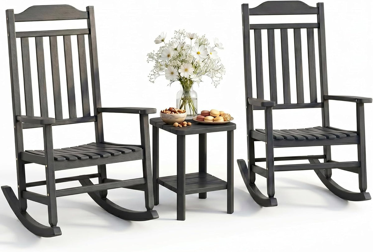 Outdoor Rocking Chairs Set of 2 with Outdoor Side Table, Oversized Ergonomic Front Porch Chairs Set of 2, Small Outdoor Table, All Weather Resistant Furniture for for Lawn, Garden, Patio, Deck