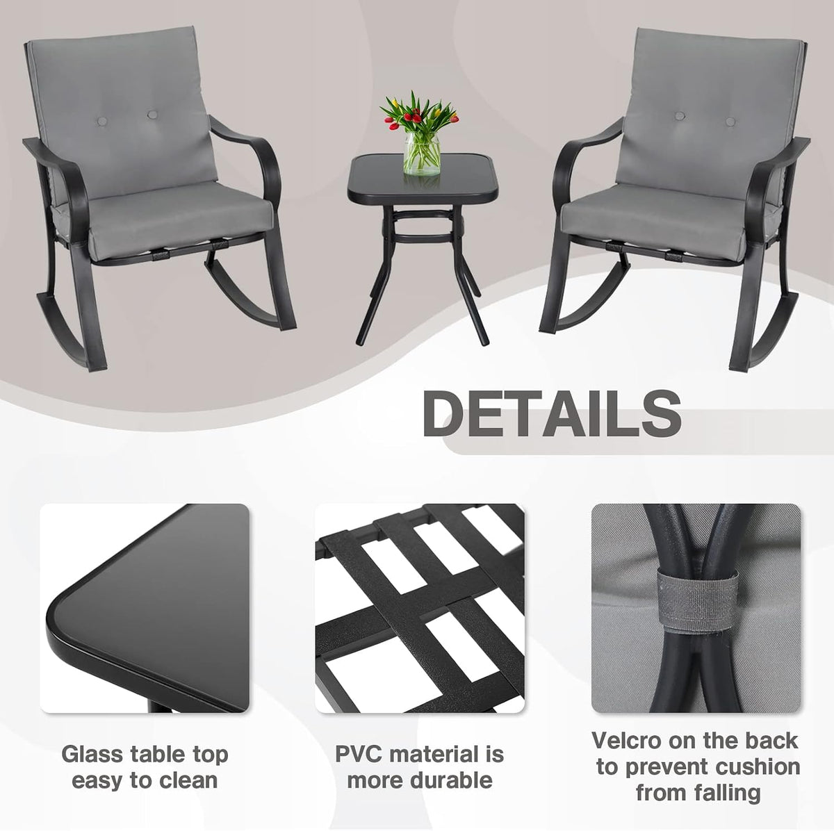 Outdoor 3-Piece Rocking Chairs, Patio Bistro Furniture Set, 2 Black Steel Rocking Chairs with Cushion and Glass Top Coffee Table (Grey)