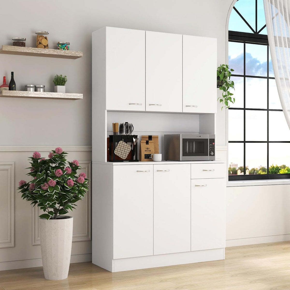 70.87" Tall Kitchen Pantry Storage Cabinet, Freestanding Wood Hutch with 6 Doors, 1 Drawer, with Countertop,Microwave Stand & Food Cupboard, Coffee Bar Organizer for Dining Room,White
