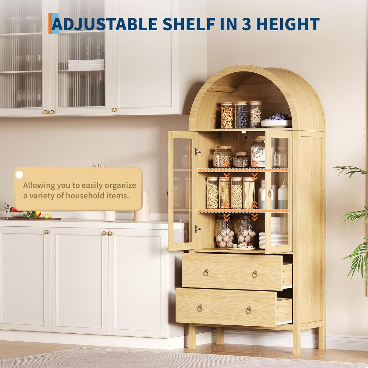 71" Display Arched Storage Cabinet, Kitchen Pantry with Tempered Glass Doors, 2 Large Drawers and Adjustable Shelves, Arched Bookshelf Cabinet for Dining Room Kitchen Office- Natural