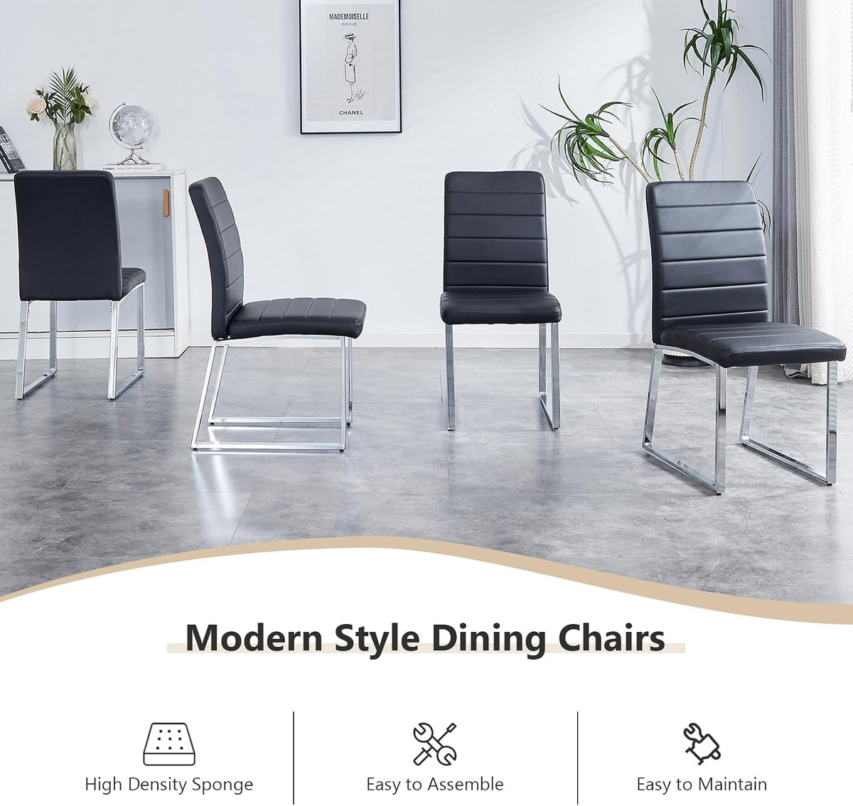 Modern Leather Dining Chairs, Set of 6 | Upholstered Padded Seats with Sturdy Metal Legs, Armless Kitchen & Dining Room Furniture for Home (Black, Set of 6)