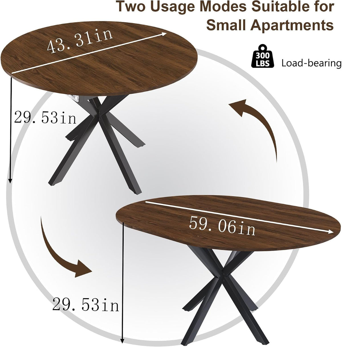 Round Dining Table Set for 6, 43-59" Extendable Dining Room Table Set, Walnut Wood Grain Table and 6 Dark Gray Linen Upholstered Chairs Set, Mid Century Modern Kitchen Table Set with Cross Legs