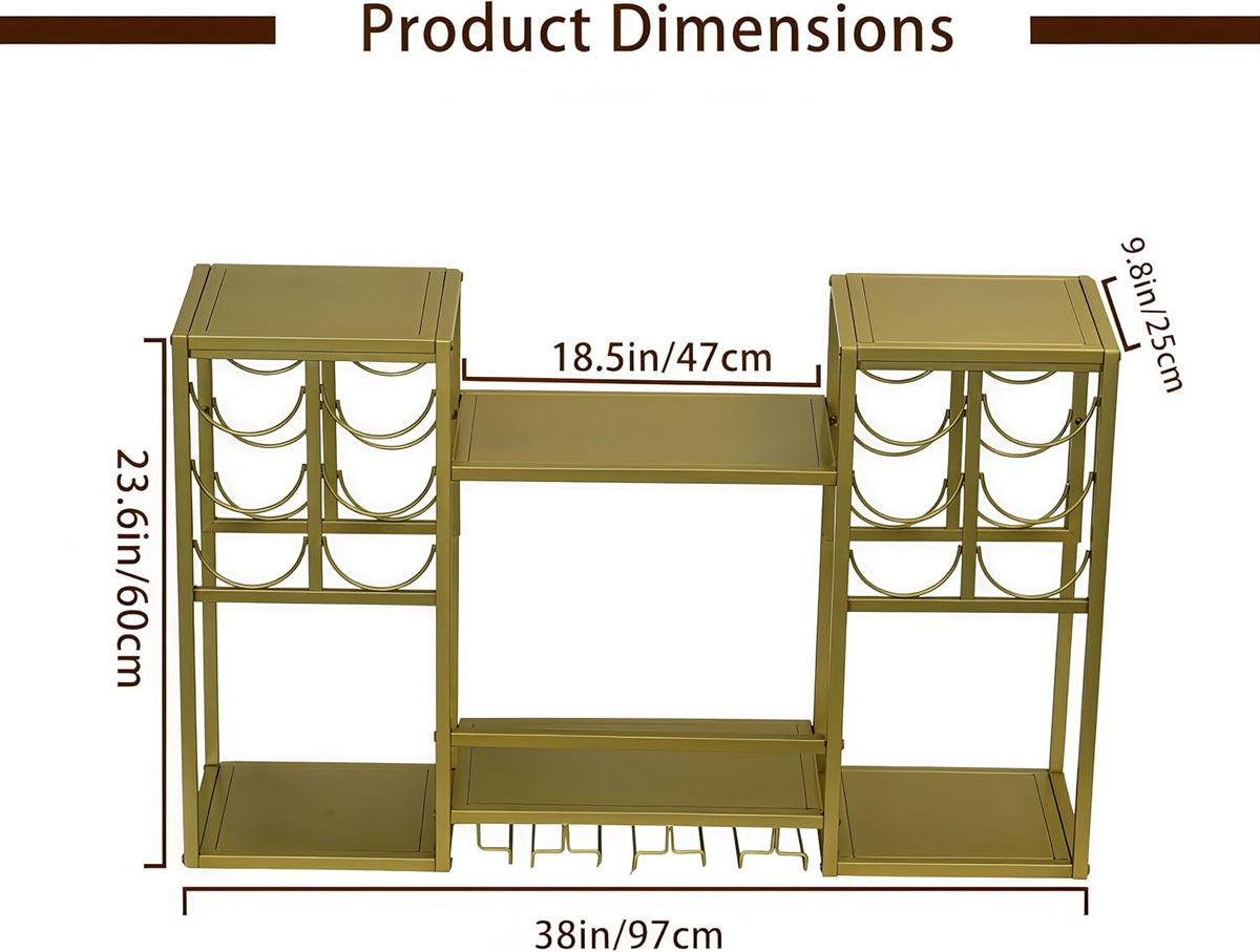 Wall-Mounted Wine Rack Tiered, Bistro Metal Hanging Bar Shelf, Floating Liquor Shelves with Glass Holders for Bars Club Home, Gold