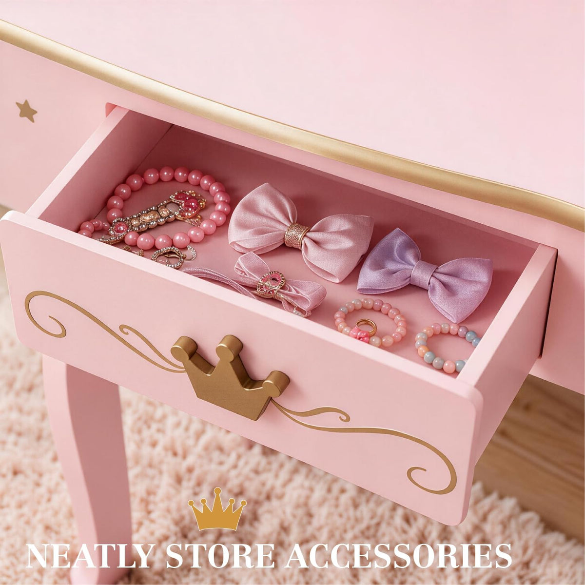 UTEX Pink Crown Princess Kids Vanity Set with Drawer for Little Girls | Wooden Toddler Vanity, Kids Vanity Table and Chair Set, Crown and Star Patterns, Gold Edge Trim, Princess Style