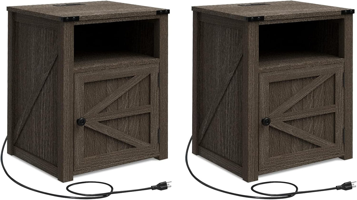 MUUEGM 24" Nightstand with Charging Station, End Table, Side Table with Door for Bedroom, Living Room, Modern Farmhouse Design, Dark Grey Bedside Table with Door Set of 2