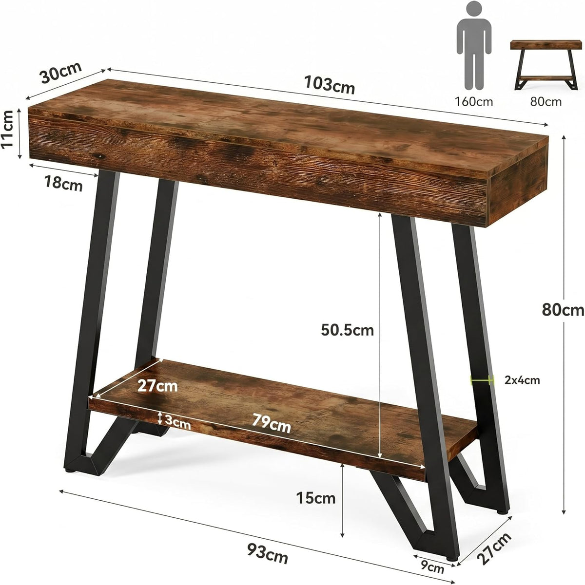 LITTLE TREE 41-Inch Console Table with Geometric Metal Frame, Rustic Brown, Entryway Tables, Storage Shelves, 2-Tier, Industrial, Hallway Sofa Table, Accent Table, Living Room