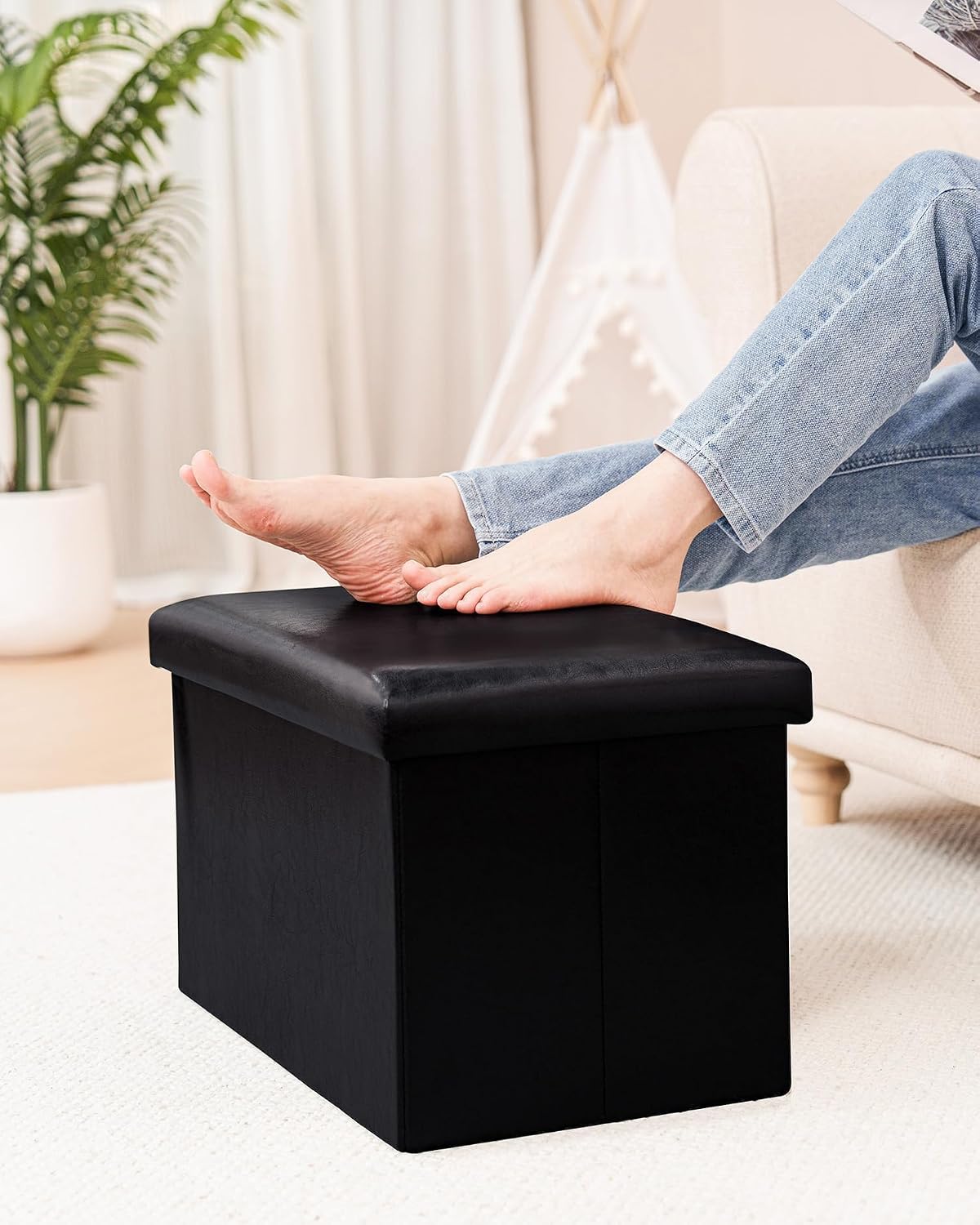 B FSOBEIIALEO Folding Storage Ottoman Cube Faux Leather Ottomans for Living Room, Bedroom, Home Office, Dorm Storage Footrest Black 16.5"x12.6"x12.6"