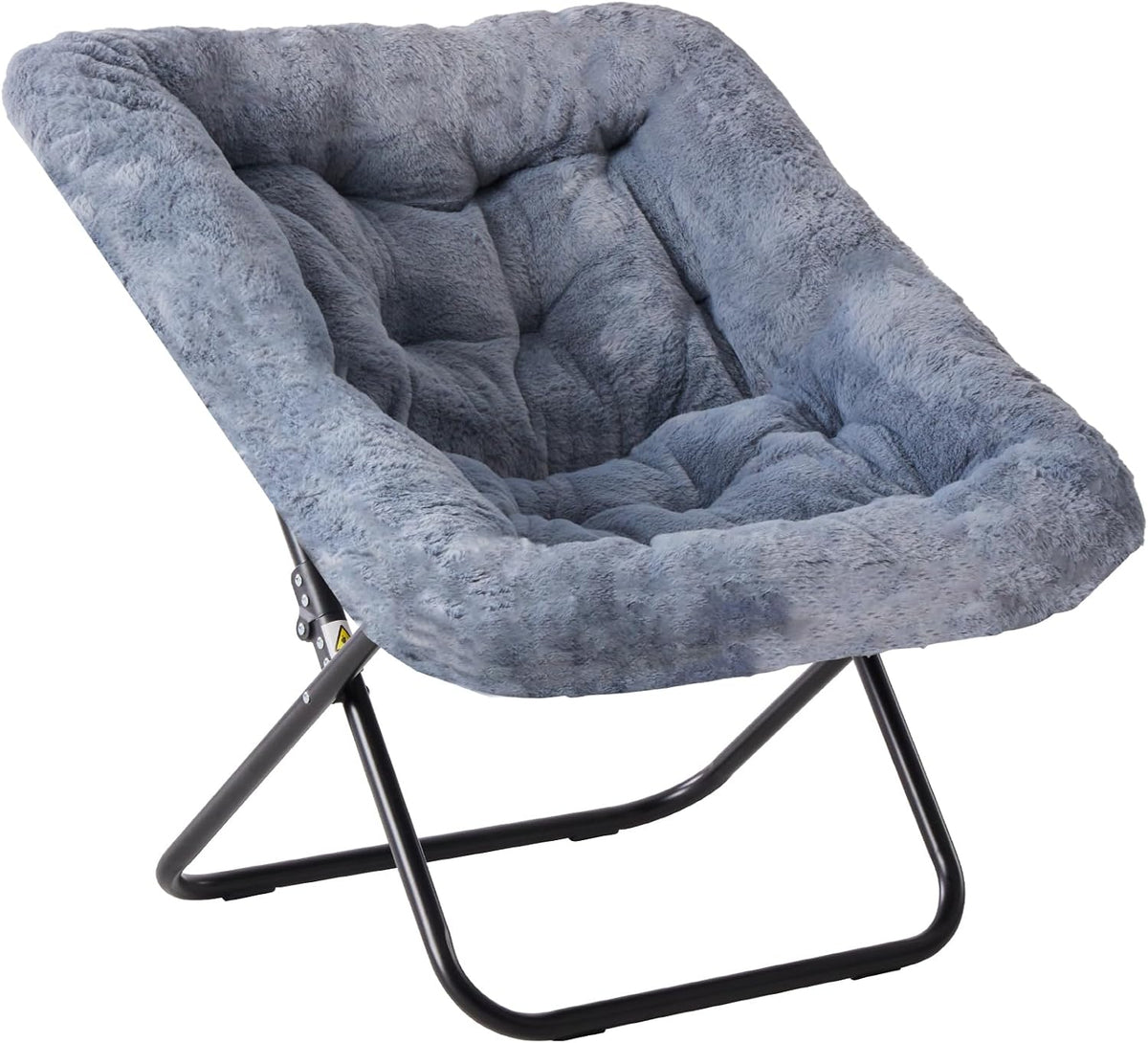 DUMOS Faux Fur Saucer Chair for Adults, Living Room Folding Lounge Chair | Comfy Soft Square Oversized Chair with Metal Frame Moon Seat, Portable Anti-Slip for Living Bedroom Dorm, Grey