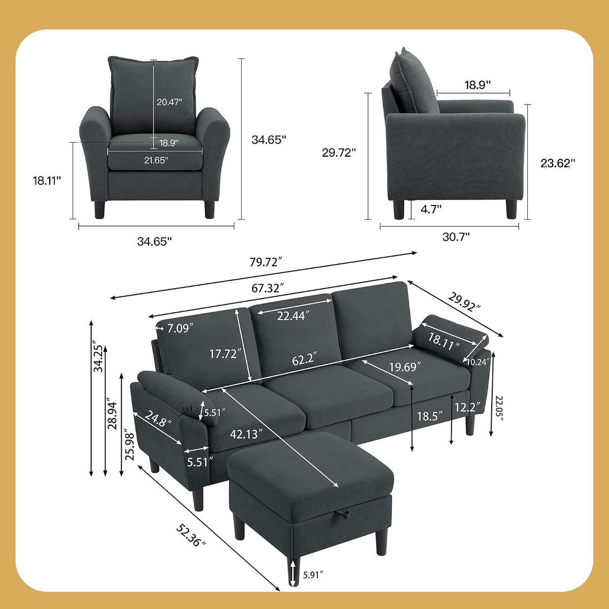 Convertible Sectional Sofa Set, 79" Modern L Shaped Couch, Linen Upholstered 3 Seat Sofa and 35" Accent Chair, Couches for Living Room, Apartment, Dark Grey