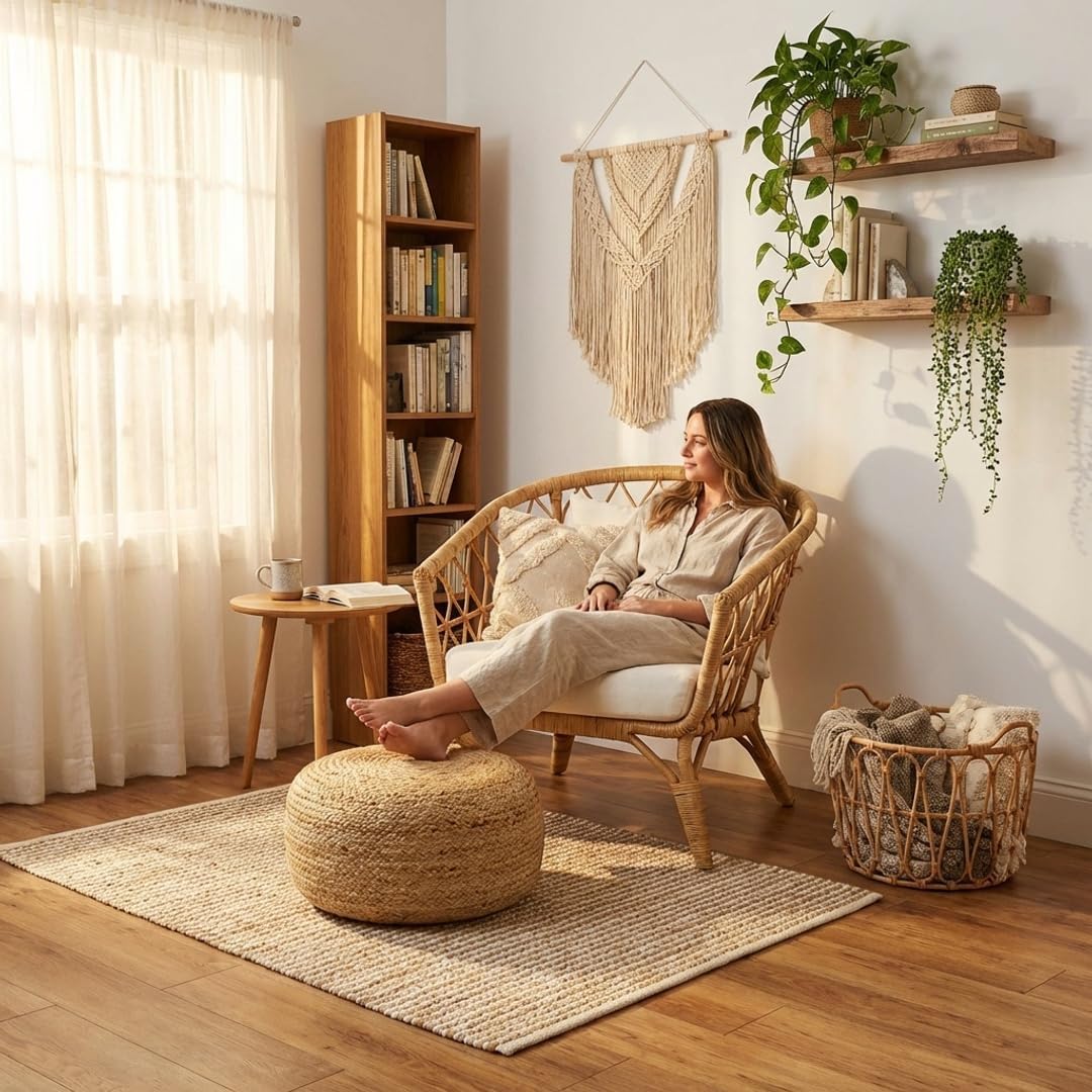 · REDEARTH · Jute Circular Low Pouf Ottoman - Boho Foot Stool - Natural | Jute, 18"x18"x10"; Braided Jute Pouf, Accent Sitting Doubles as Foot Rest; Great for Living Room, Patio, Outdoor, Bedroom