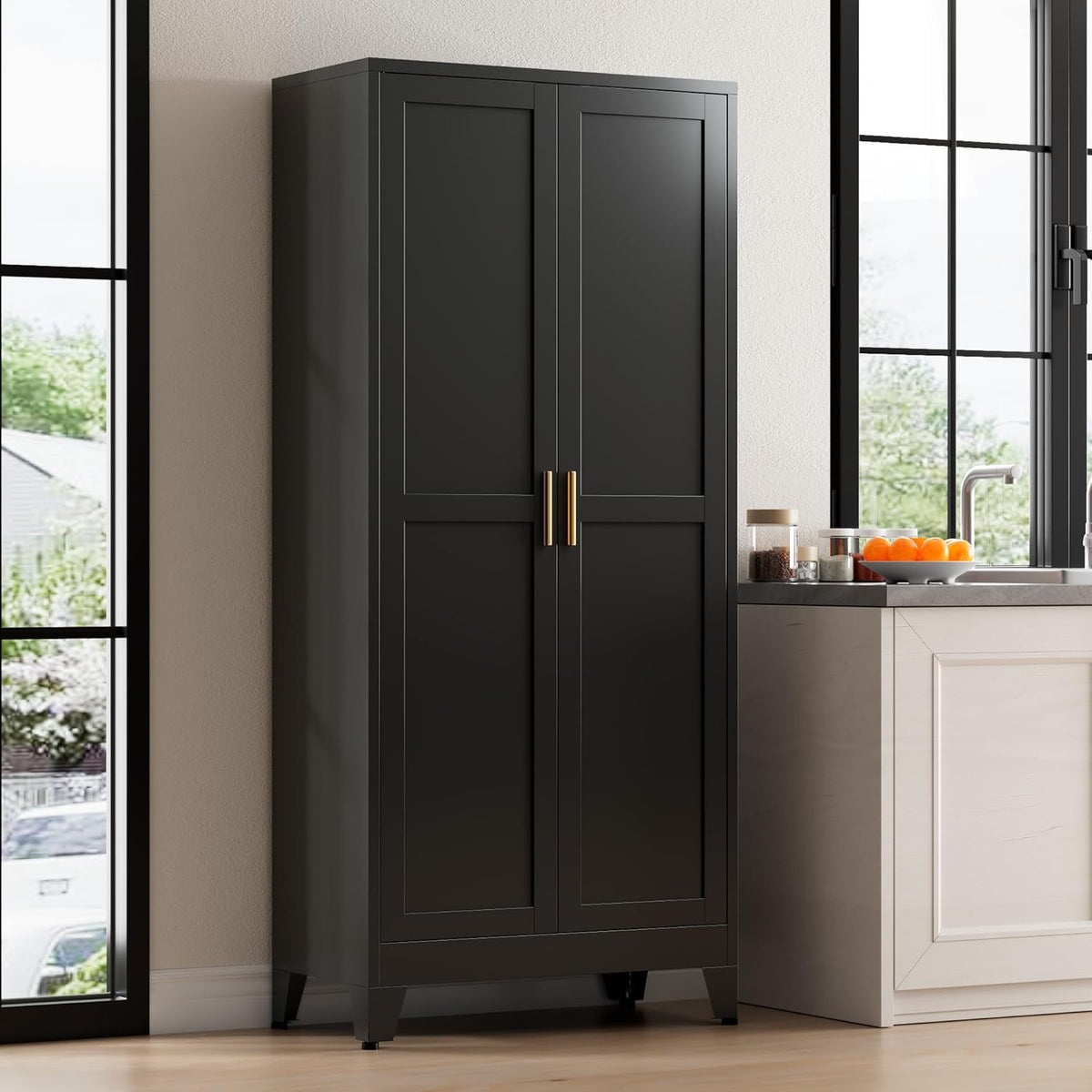 71” Tall Metal Kitchen Pantry Cabinet, Kitchen Storage Cabinets, Steel Cupboard with 2Doors and 4 Adjustable Shelves for Dining Room, Bathroom, Living Room