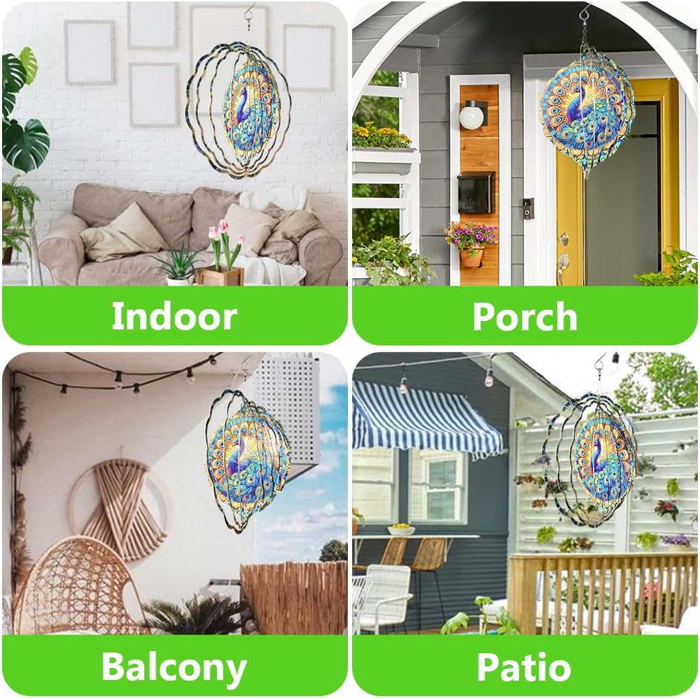 Peacock Wind Spinner, 3D Hanging Stainless Steel Garden Spinner, Wind Spinner Hanging for Outdoor & Indoor Décor, Unique Gifts for Yard Garden Decoration or Patio Décor (Peacock)
