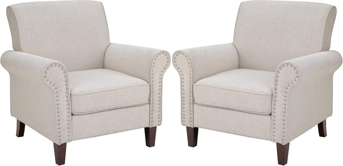 PrimeZone Comfy Accent Chairs Set of 2, Mid-Century Modern Arm Chair, Beige | Soft Cushion, Rolled Armrest, Elegant Nailhead Trim, Sturdy Wood Frame, Ideal for Living Room, Bedroom & Waiting Areas