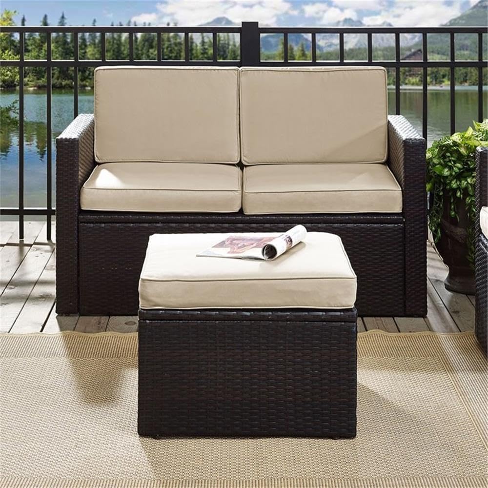 Pemberly Row Wicker Patio Ottoman, Brown Finish with Sand Cushions, Resin Wicker and Steel Frame, UV/Fade Resistant, 23" W x 23" D x 17.5" H, Outdoor Footrest for Deck, Patio, or Garden Use