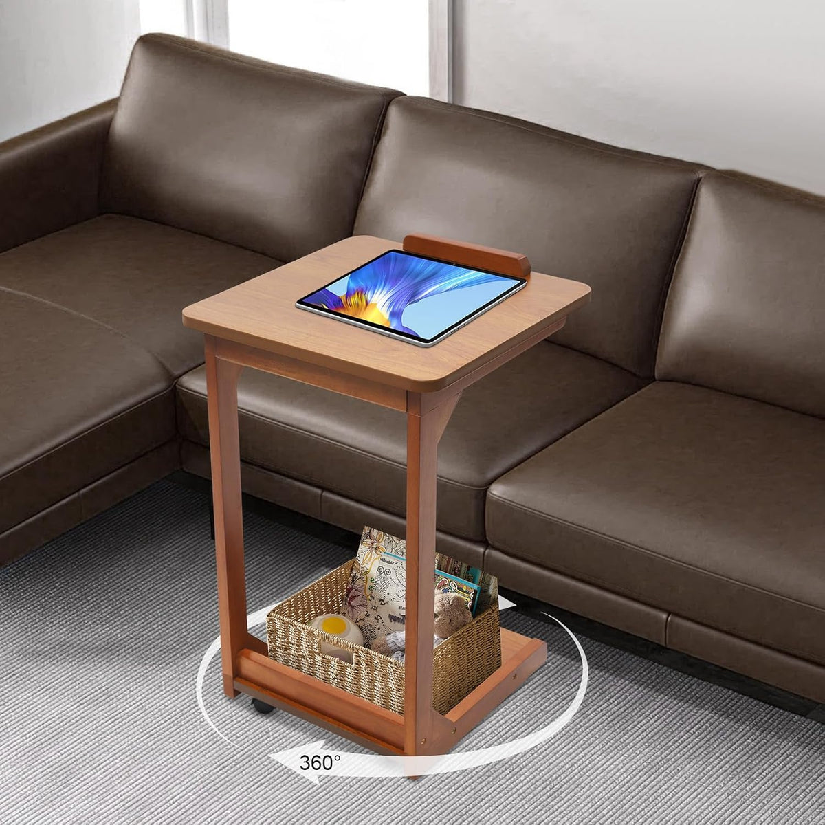 Mobile C-Shaped End Table,C Shaped Table for Couch with Concealed Storage Compartment,C Table with Lockable Wheels,55.12Lbs Load Adjustable Desktop Wooden Couch Table for Living Room,Bedroom (Walnut)