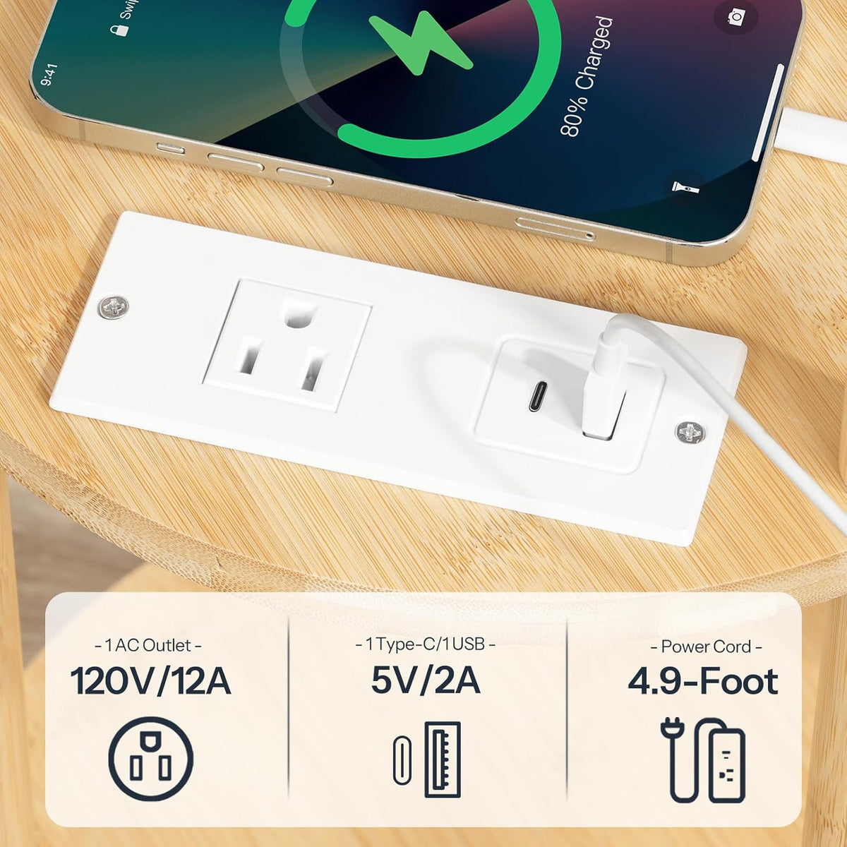 HOOBRO Small Round Side Table with Charging Station, 3-Tier Round Bamboo End Table, Compact Sofa Bedside Table for Small Space, Easy Assembly, for Living Room, Bedroom, Apartment, Natural YL152UBZ01