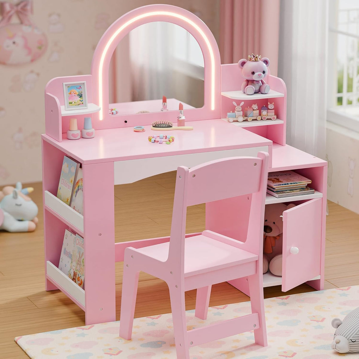 Kids Vanity with Lights, Kids Makeup Vanity with Bookshelf, Enclosed Cabinet and 3-tier Open Shelves, Little Girl Vanity Table Set with Lighted Mirror and Stools, Toddler Vanity for Girls (Pink)