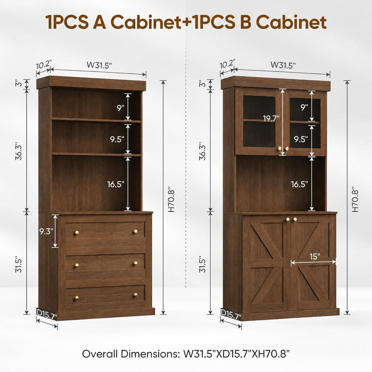 71" Farmhouse Kitchen Pantry Cabinet with Glass Doors & Drawers, Set of 3 – Dark Brown Freestanding Coffee Bar Hutch with Adjustable Shelves, Large Storage Cabinet with Microwave Stand for Kitchen