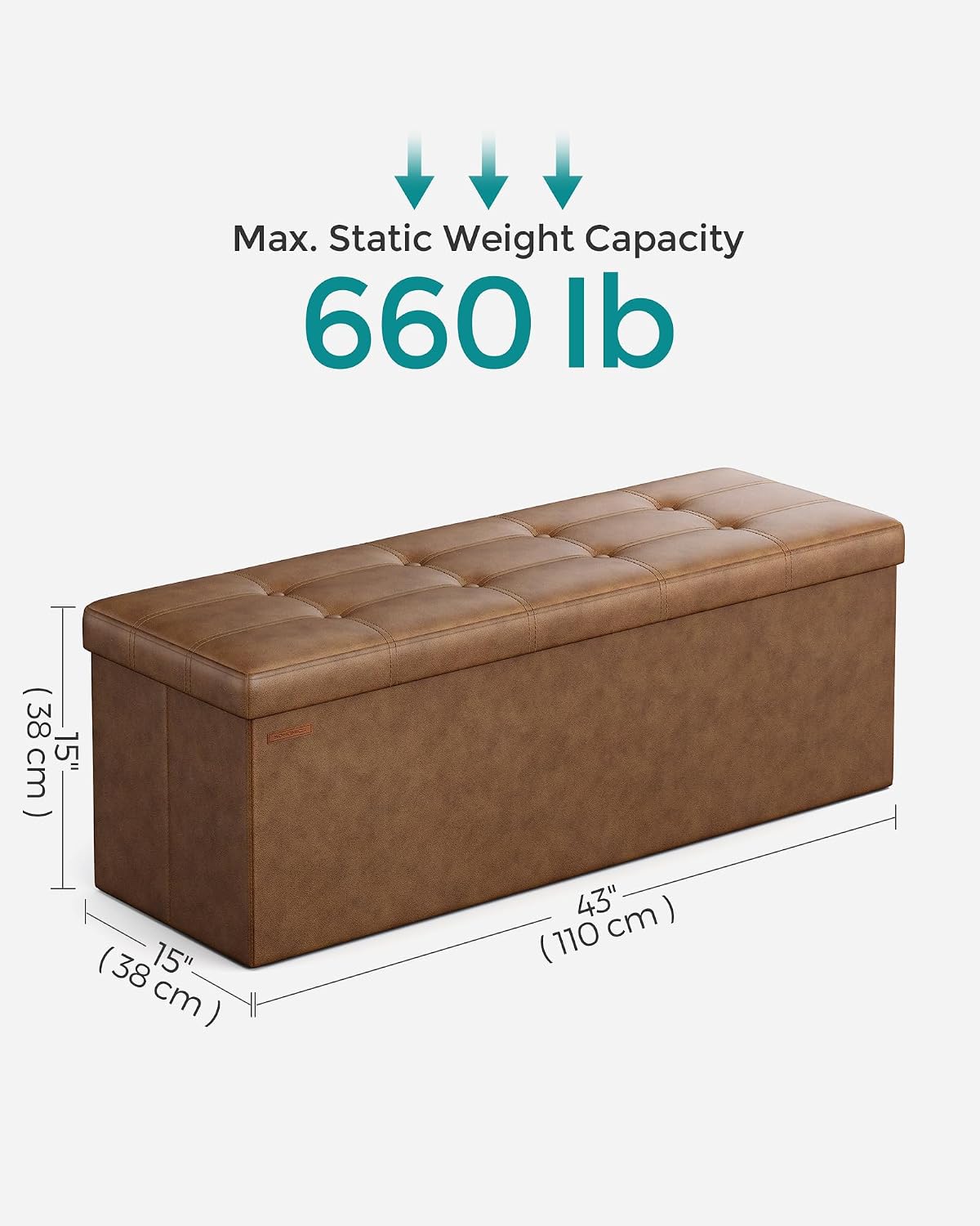 SONGMICS Storage Ottoman Bench, 43.3 Inches Folding Foot Rest Stool | PU Leather, Easy Assembly, for Living Room, Bedroom, Entryway, Coffee Brown, MINOTA Collection ULSF070K01