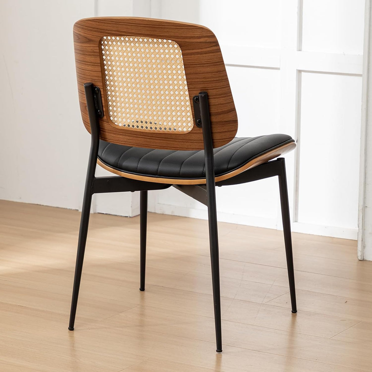 Rattan Dining Room Chairs Set of 4,Mid Century Black PU Leather Kitchen Chairs,Upholstered Seat Metal Legs Chair with Adjustable Foot Pads,Walnut Armless Side Chair