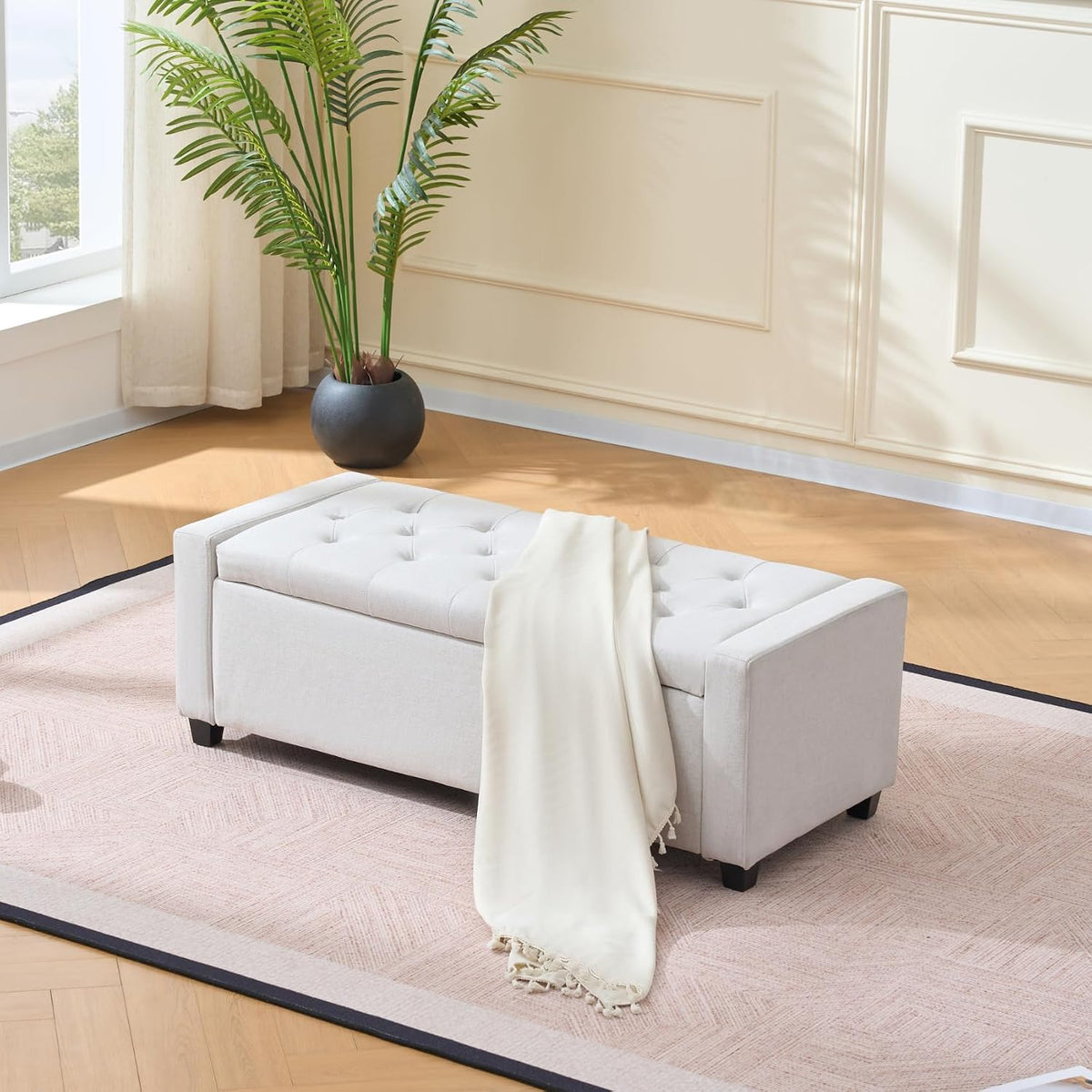 Storage Bench for Bedroom, 48.4'' End of Bed Beige Ottoman Lined Fabric Upholstered Shoe Bench for Entryway, Hallway, Bedroom, Cloakroom, Living Room, Beige.