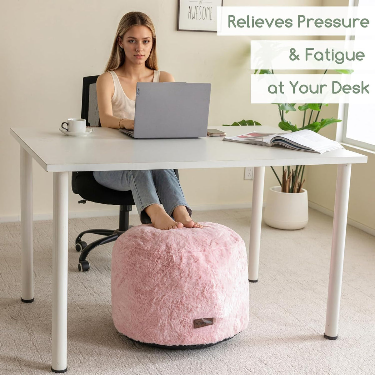 HIGOGOGO Pouf Stuffed Ottoman Round Modern Foam Filled Foot Rest Chair Decorative Poufs 26 x 18 Inches Fluffy Boho Comfy Stool for Living Room, Pink