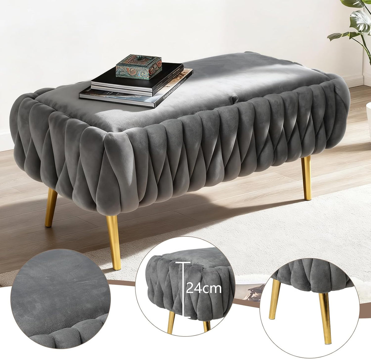 End of Bed Bedroom Storage Bench Upholstered, Hand-Woven Storage Ottoman Bench for Bedroom with Hinged Lid Golden Legs, for Living Room, Entryway Grey