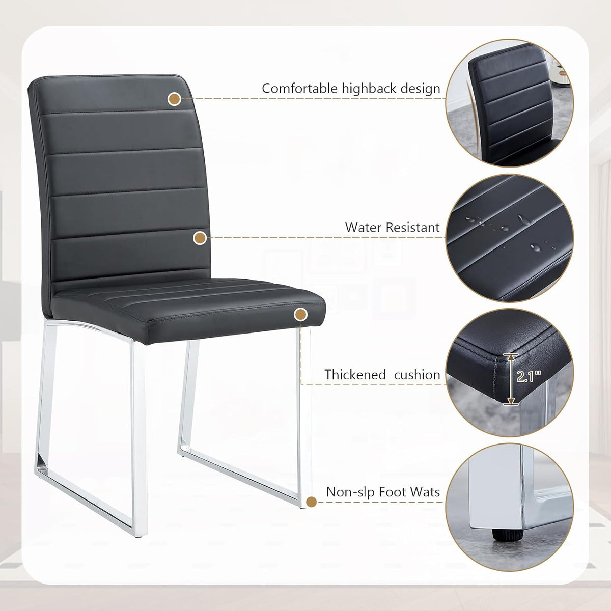 Modern Leather Dining Chairs, Set of 6 | Upholstered Padded Seats with Sturdy Metal Legs, Armless Kitchen & Dining Room Furniture for Home (Black, Set of 6)