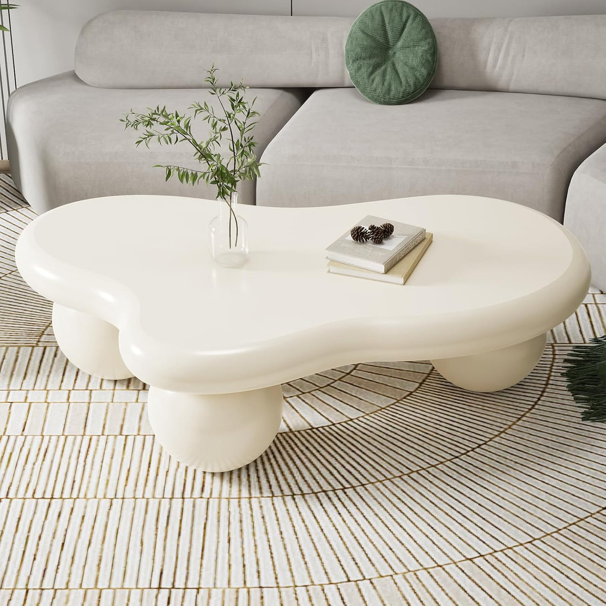 40" Modern White Coffee Table Cloud Shape Low Center Table Cute Irregular Indoor Tea Table with 3 Ball Legs for Living Room Small Space