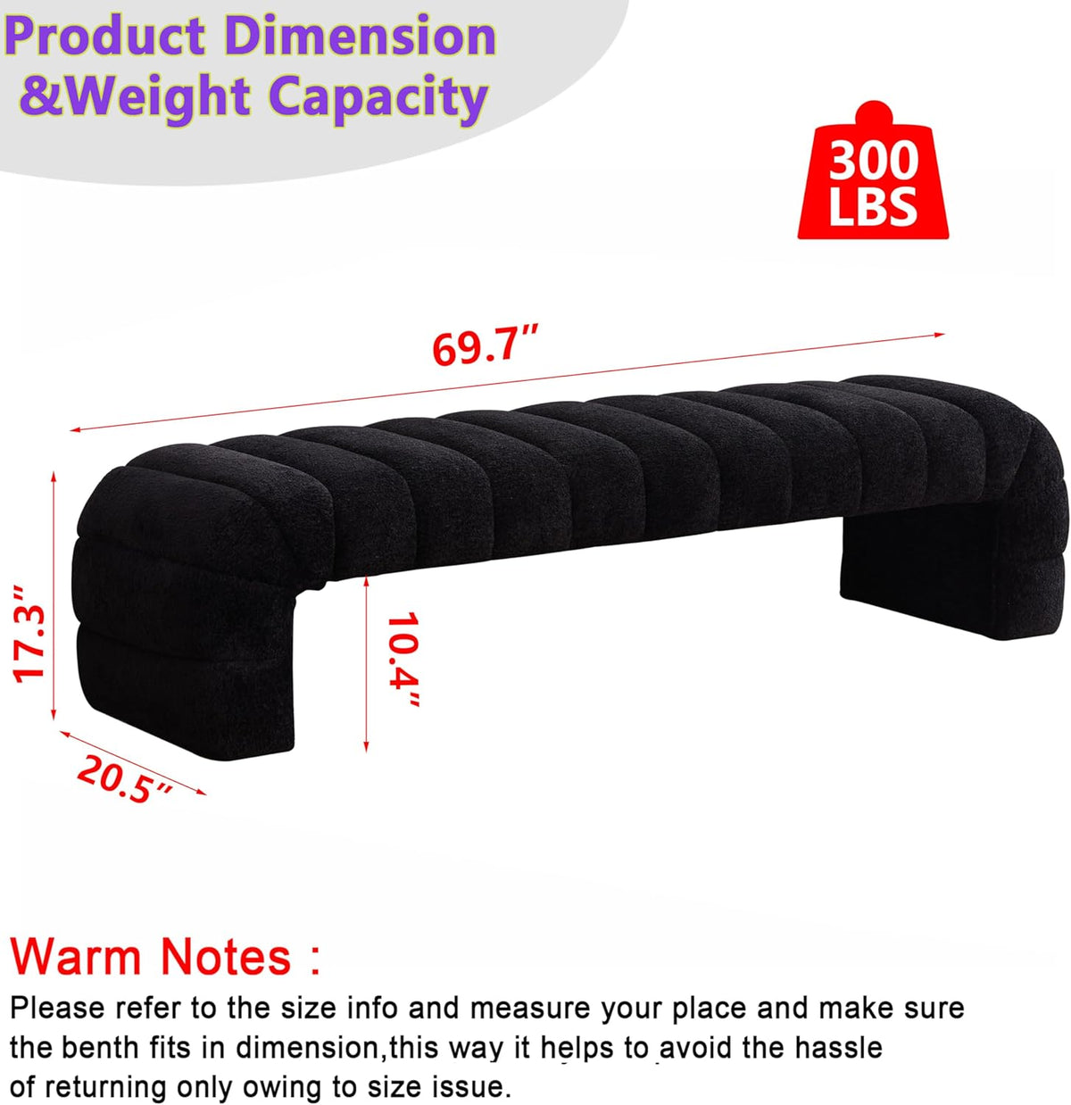 Arched Ottoman Bench for Bedroom Living Room,69.7" Chenille Long Benches for Bed End King Size,Modern Channel Tufted Seating Bench for Entryway,Window,Bedside (Black, 69.7")