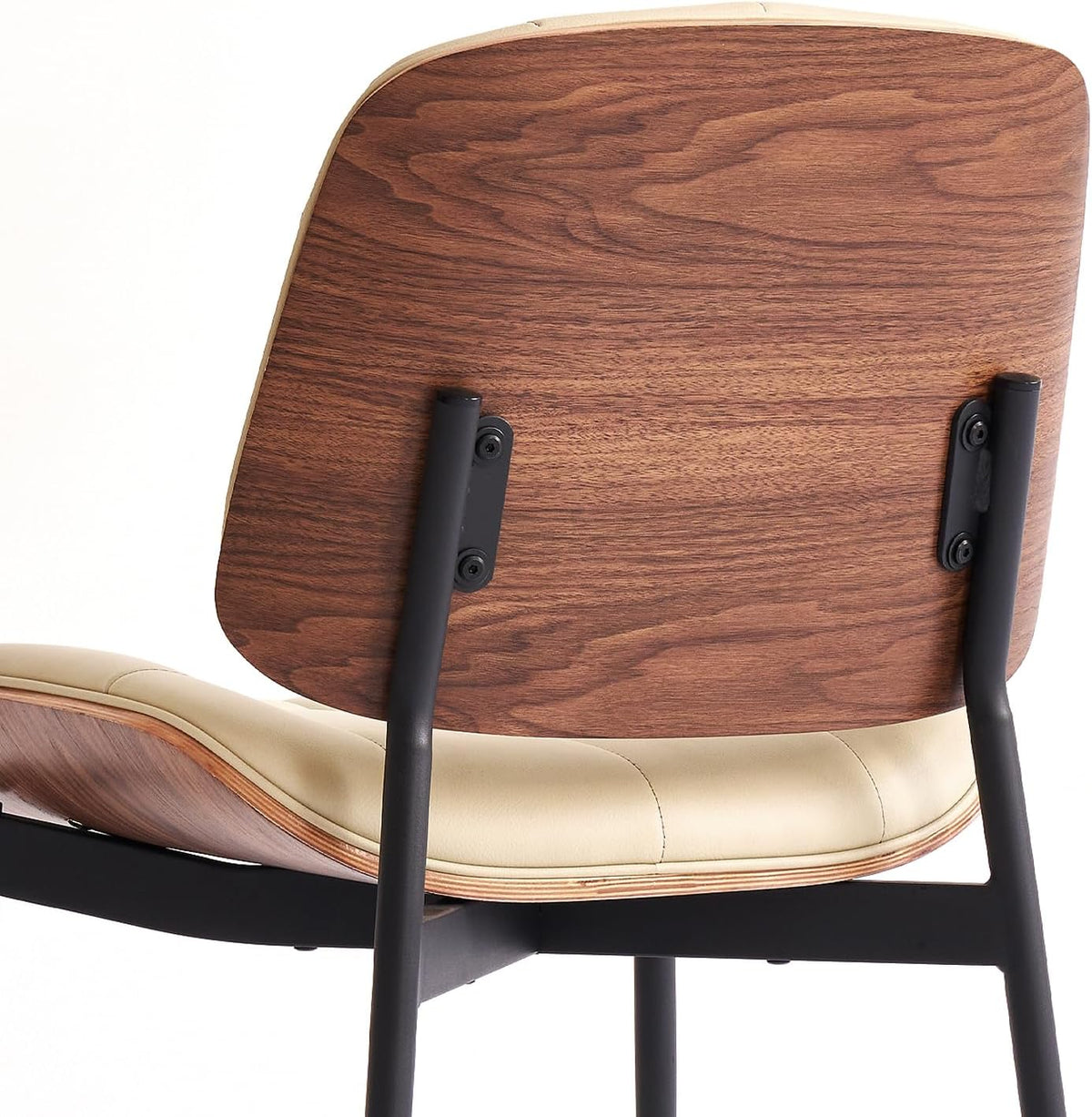 GrandNoor Mid Century Modern Dining Chairs with Walnut Grain Back, Beige Faux Leather Dining Room Chairs Set of 4, Checkered Soft Cushion Kitchen Chairs with Adjustable Foot Pads
