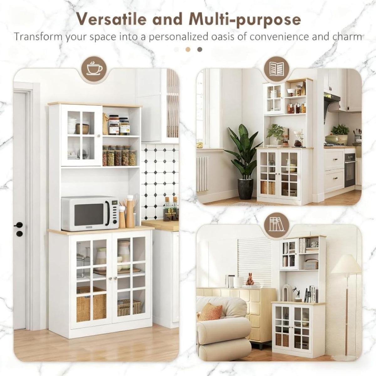 Oak+White Large Countertop Kitchen Pantry Cabinet, Freestanding Storage Cabinet with Hutch & Glass Doors, Adjustable Shelves Cabinet for Kitchen Living Room, 31.5x14.5x72 Inches