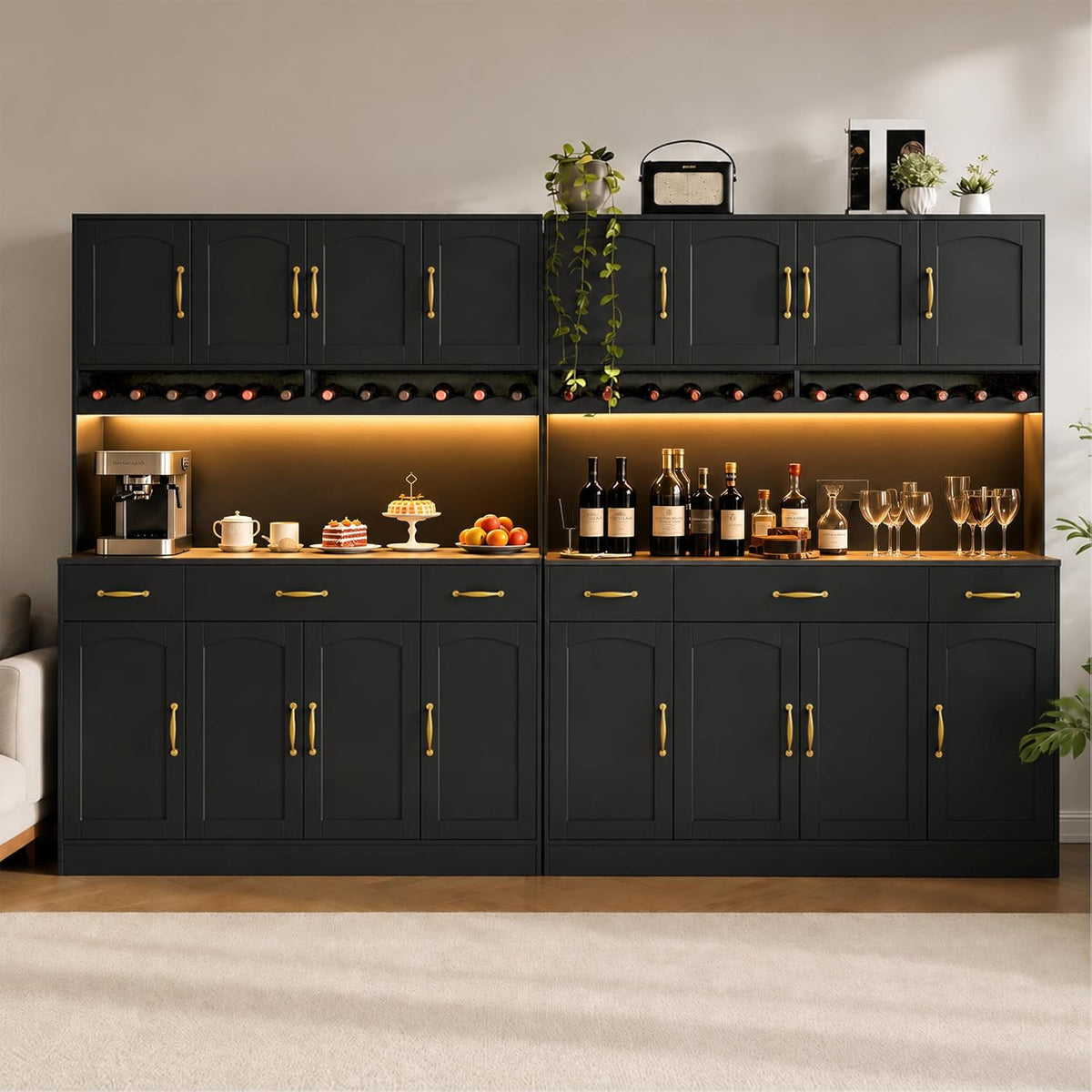 72" Tall Kitchen Pantry Cabinet with Charging Station 55" Wide Kitchen Hutch Cabinet with LED Light and Countertop Large Kitchen Cabinet with Adjustable Shelves and Wine Rack Black