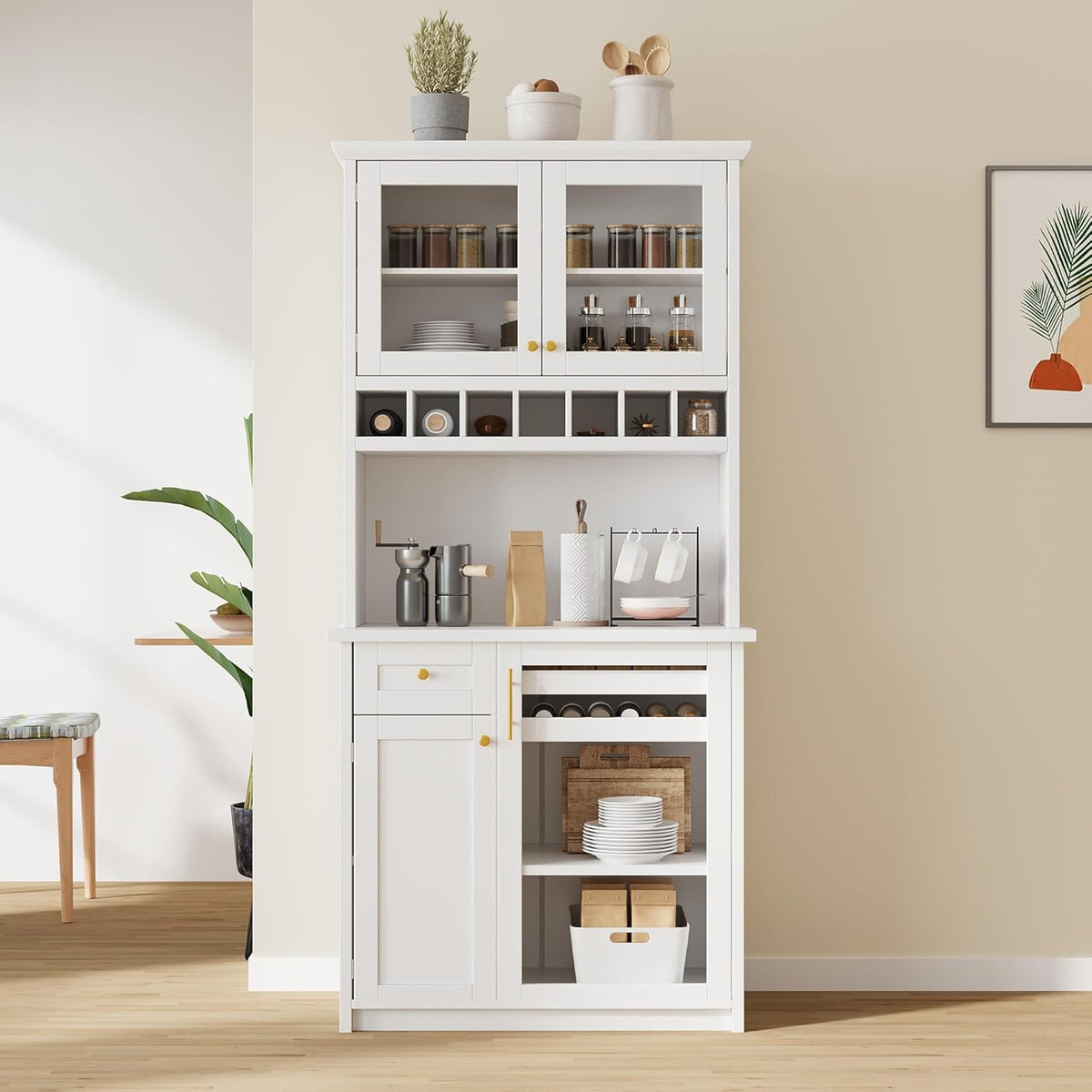 roomfitters Farmhouse Kitchen Pantry Buffet Hutch with Wine Rack and Glass Doors, Tall Storage Cabinet, White
