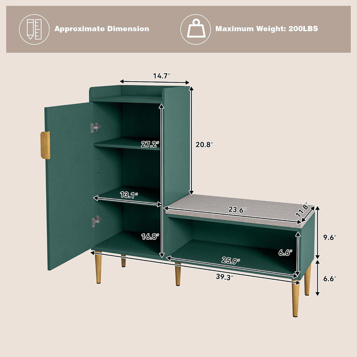 Storage Bench with Fluted Door&Shelf, Modern Entryway Bench with Padded Seat, L-Shaped Shoe Organizer Cabinet for Hallway, Living Room, Office, Green