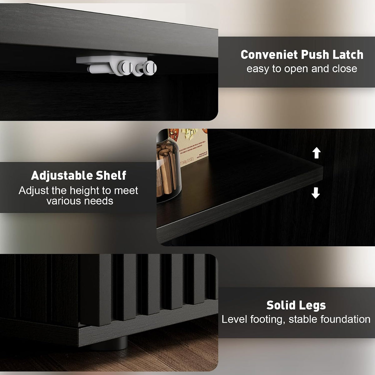 Rophefx Fluted Sideboard Cabinet, 94.5" Buffet Cabinet with Storage, Credenza Storage Cabinets with Adjustable Shelf, Wood Entryway Cabinets with Pop-up Doors for Living Room, Entryway, Hallway, Black