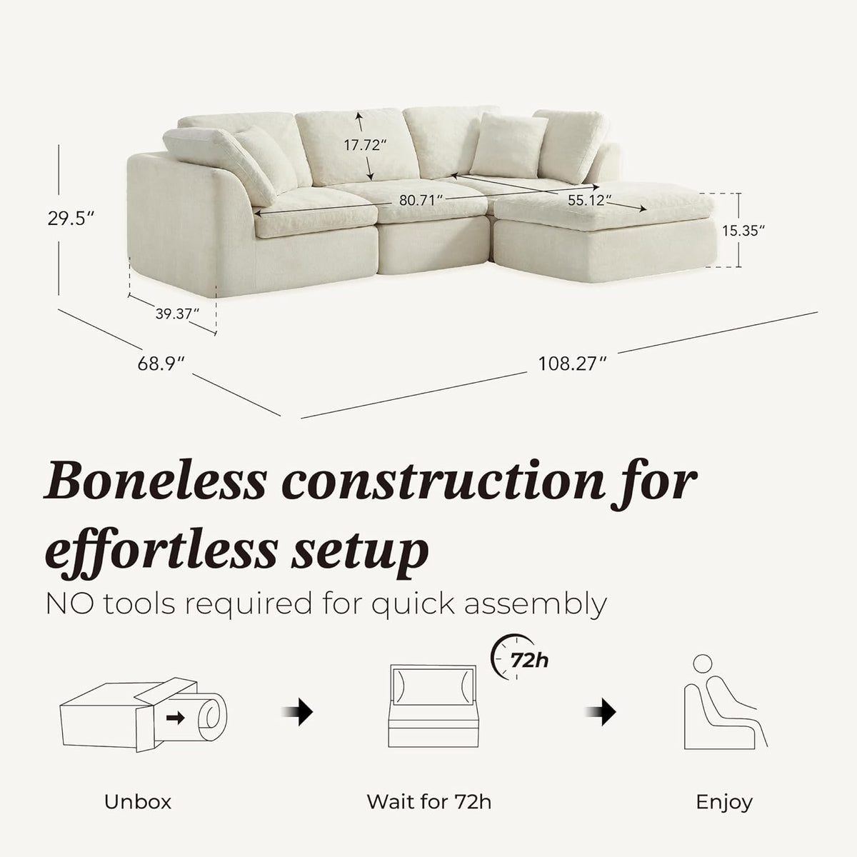 CHITA 108" Cloud Sectional Couches for Living Room, L-Shape Sofa with Ottoman, 3 Seater Modular Sectional Sofa, Cream
