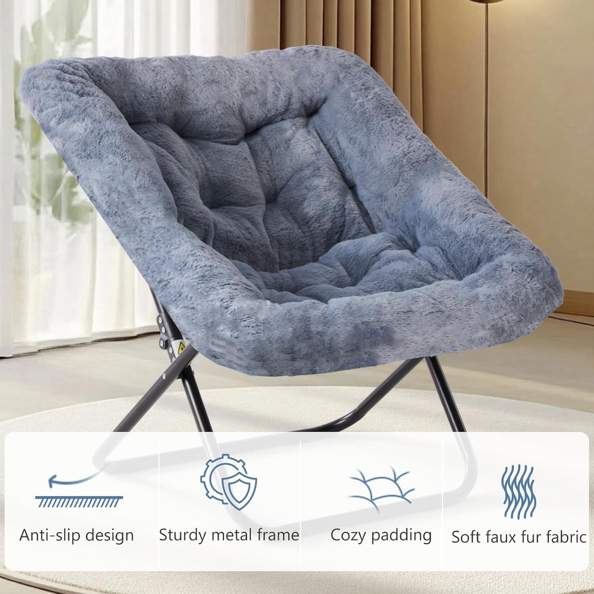 DUMOS Faux Fur Saucer Chair for Adults, Living Room Folding Lounge Chair | Comfy Soft Square Oversized Chair with Metal Frame Moon Seat, Portable Anti-Slip for Living Bedroom Dorm, Grey