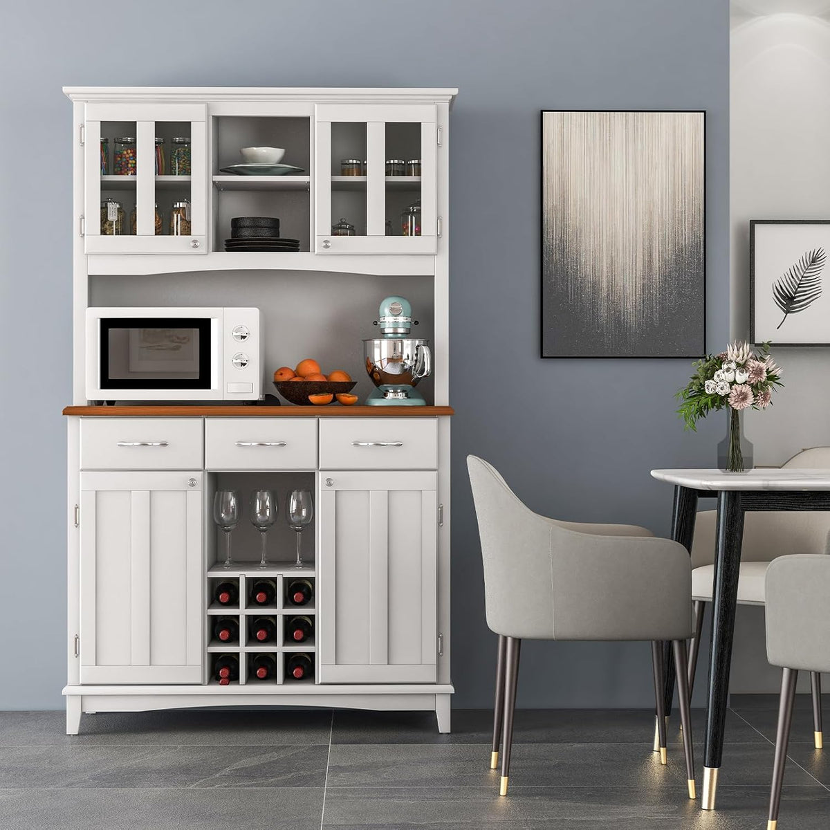 PETSITE Kitchen Pantry Storage Cabinet, Freestanding Microwave Cupboard with Tempered Glass Cabinet, Wine Rack, Adjustable Shelves, Buffet with Hutch for Living Room, Dining Room, White