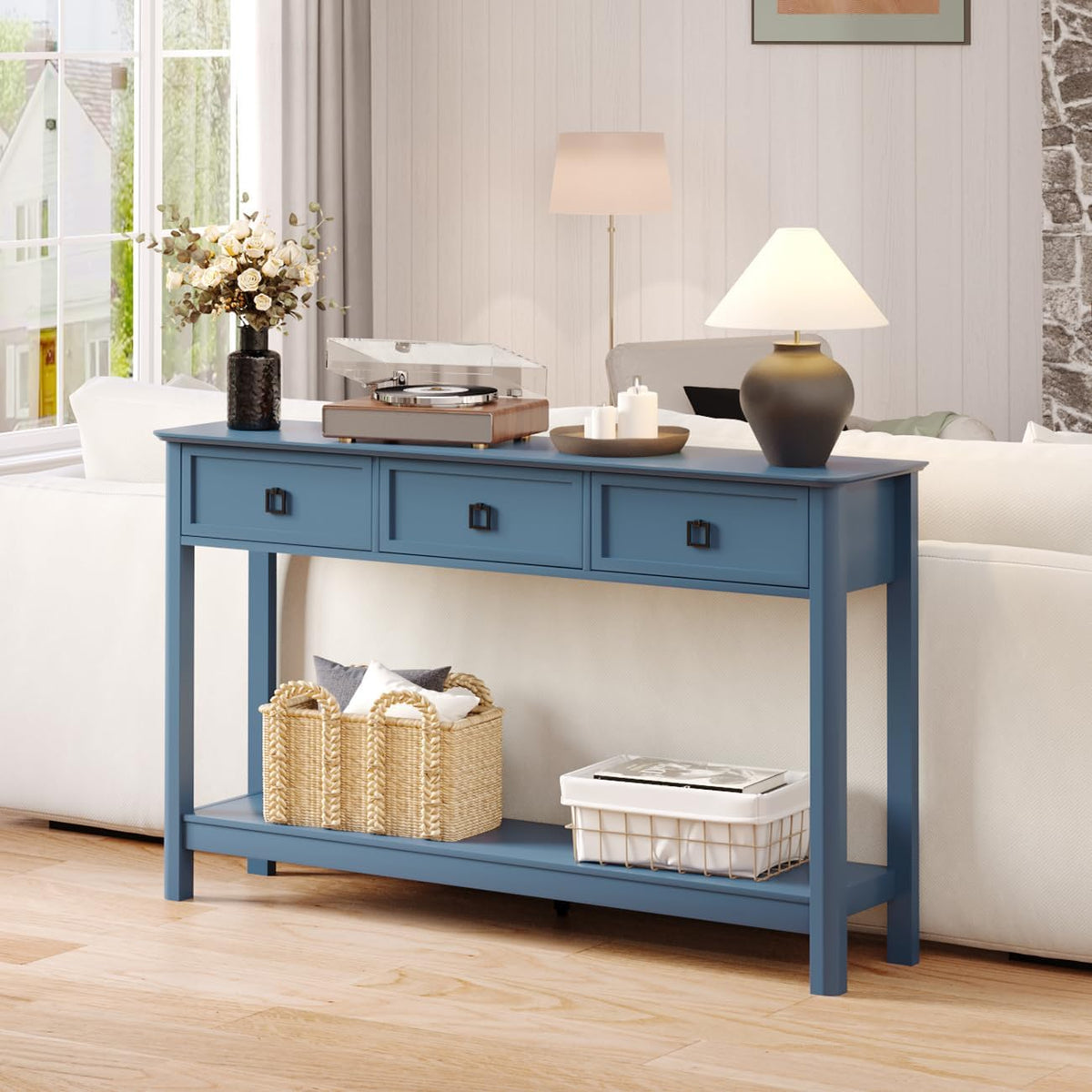 Treocho 53.1" Console Table with 3 Drawers, Sofa Table Behind Couch, 2 Tier | Long Entryway Table with Storage, Modern, For Hallway, Living Room, Blue