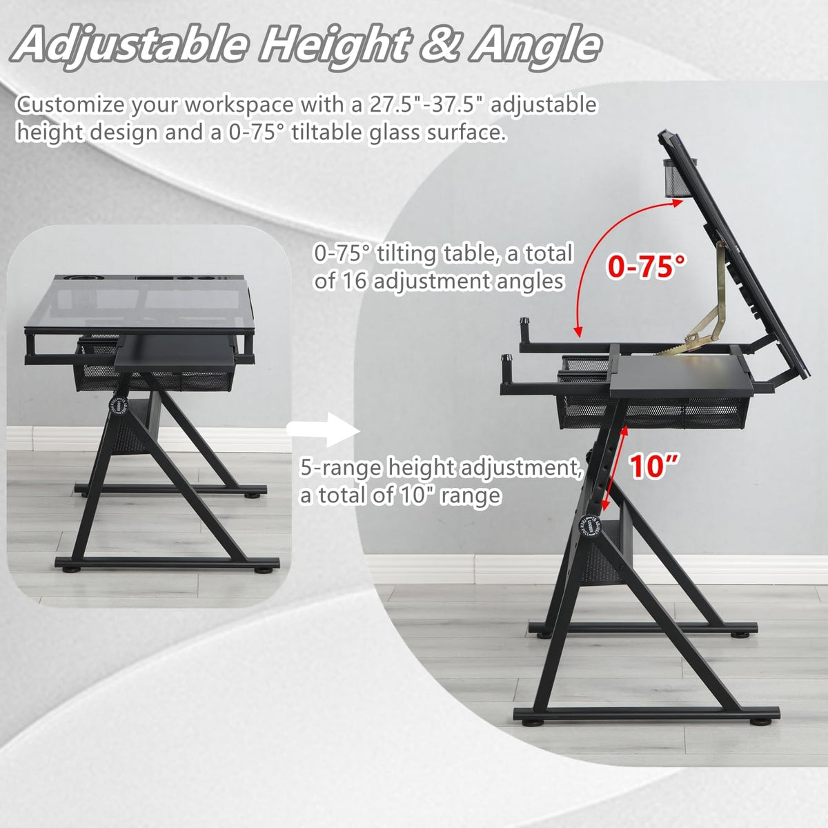Drafting Table, Height Adjustable Drawing Table for Artists and Hobbyists, 0-75° Tiltable Glass Tabletop Art Table Painting Table Art Craft Desk with Storage Drawers, Black