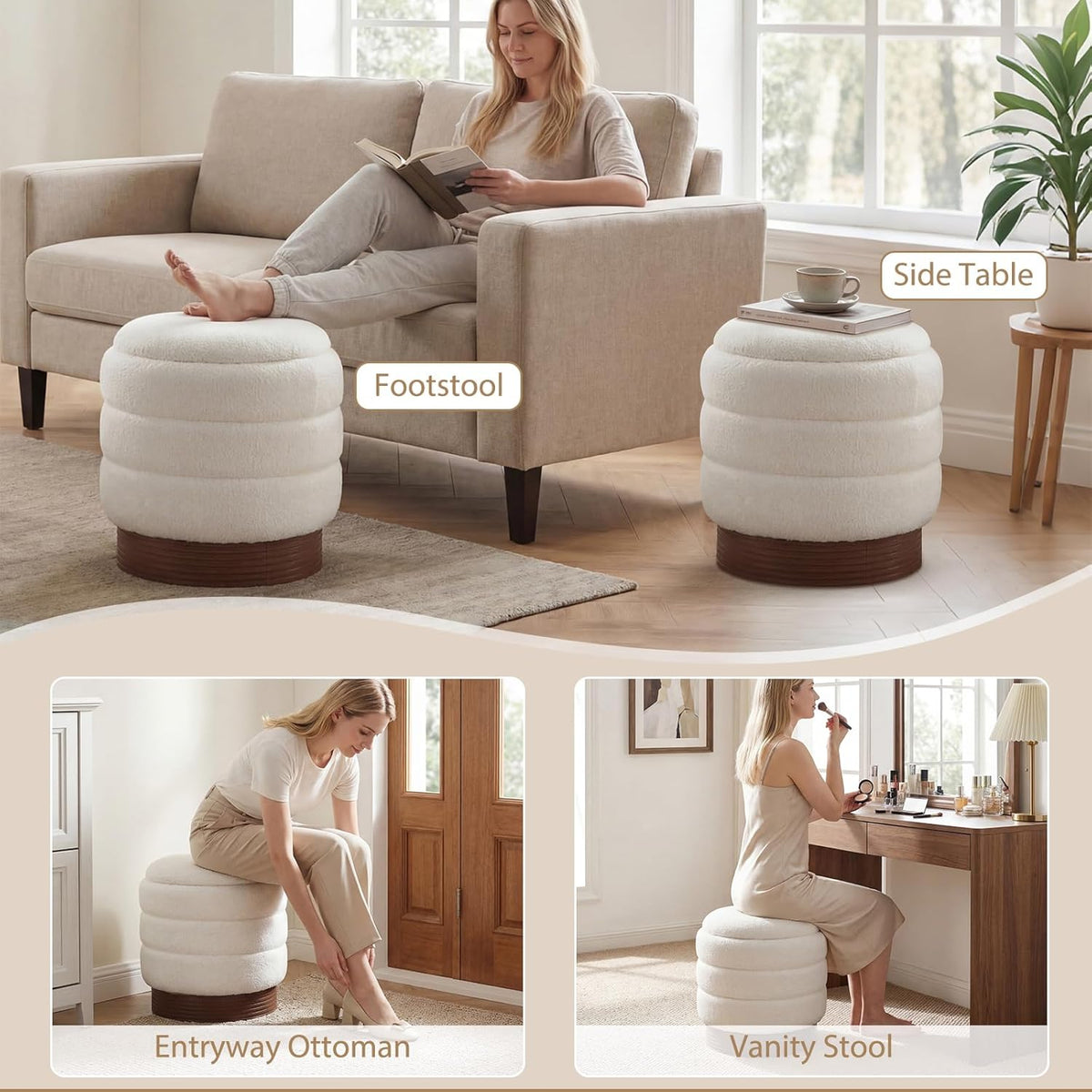 Giantex Round Ottoman with Storage, 360° Swivel Boucle Vanity Stool with Removable Lid, No Assembly Ottoman Foot Rest for Living Room, Bedroom, Makeup Room (White & Brown)