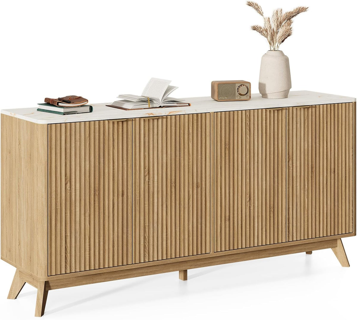 59'' Sideboard Buffet Cabinet with Storage, Fluted Cabinet with Rounded Corners, Modern Buffet Table Accent with 4 Doors for Coffee Bar, Console Table,Oak